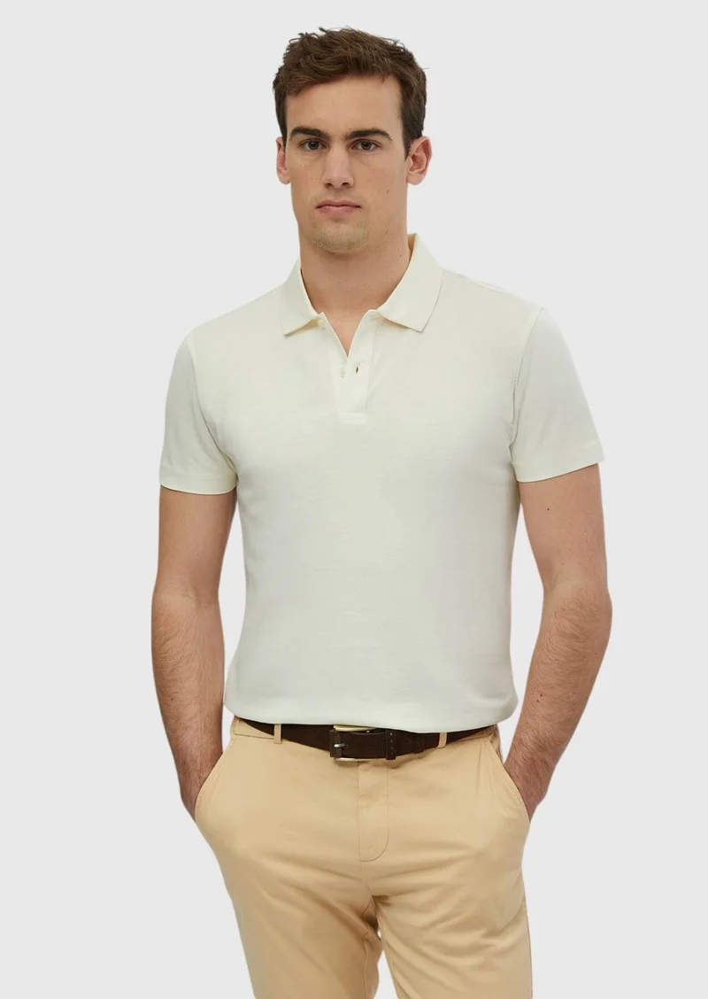 RAMSEY Ecru Plain Polo Neck 100% Cotton T-Shirt