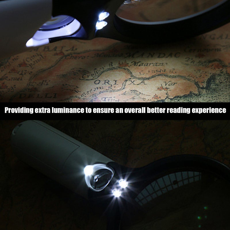 بريق مضخم مضيء: عدسة زجرة بصرية 2.5 ضعف و 45 ضعف - 3 أضواء LED ومقبض ABS مريح للاستخدام - بريق مضخم محمول للقراءة والتفاصيل الدقيقة والجداول الصحفية والخرائط والنماذج المصغرة - Image 5