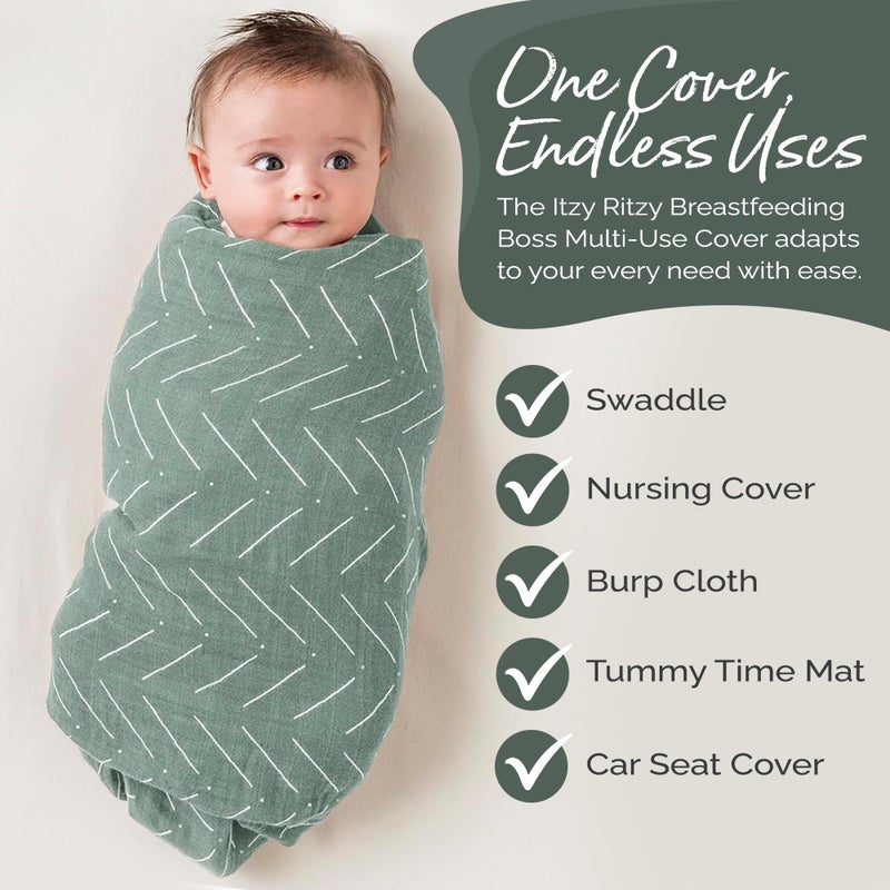 Itzy Ritzy Breastfeeding Boss Multi-Use Cover â€“ A Nursing Cover, Swaddle, Car Seat Wrap, Tummy Time Mat & Burp Cloth All in One â€“ Made of Soft Muslin Fabric & Measures 47â€ x 47â€ (Sage Mudcloth) - Image 3
