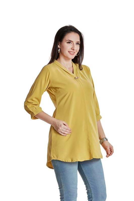 nioni Women’s Solid Tunic with Fashionable V-Fold Neck | Micro Pleated Rayon Kurti | Lycra Material | 3/4th Sleeve Short Kurta for Woman & Girl (Lemon Yellow, M) - Image 5