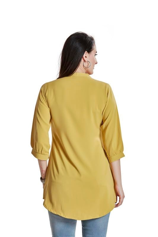 nioni Women’s Solid Tunic with Fashionable V-Fold Neck | Micro Pleated Rayon Kurti | Lycra Material | 3/4th Sleeve Short Kurta for Woman & Girl (Lemon Yellow, M) - Image 3