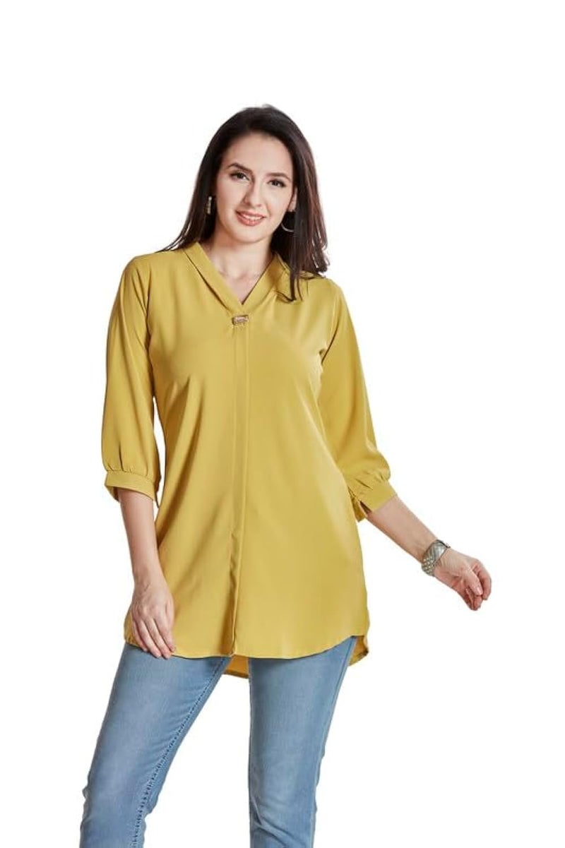nioni Women’s Solid Tunic with Fashionable V-Fold Neck | Micro Pleated Rayon Kurti | Lycra Material | 3/4th Sleeve Short Kurta for Woman & Girl (Lemon Yellow, M) - Image 1