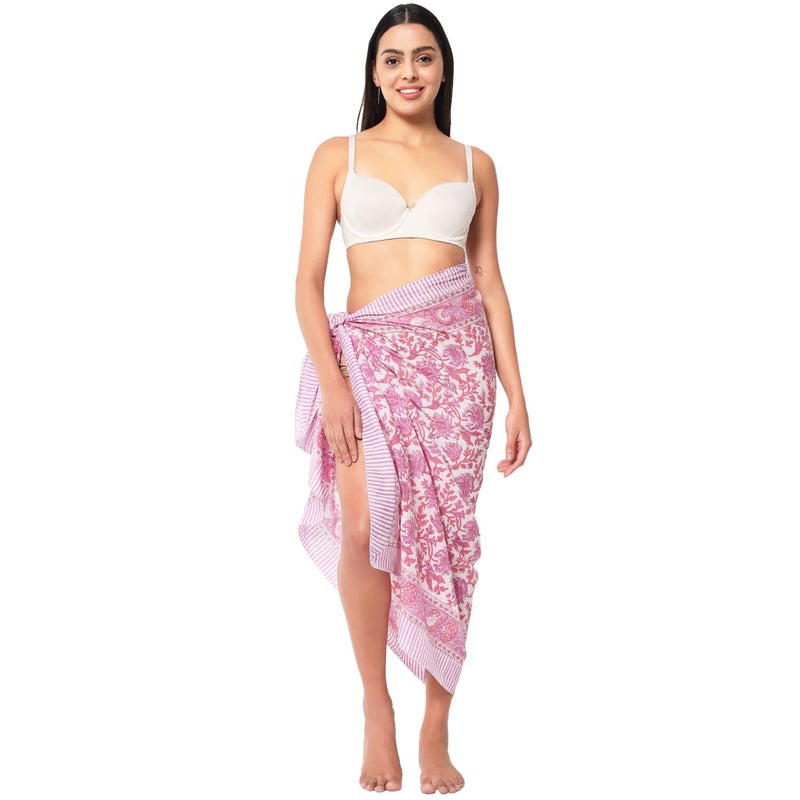 parihan Cotton Block Print long Beach Pareo Sarong Swimsuit Cover Ups Women Wrap - Image 1