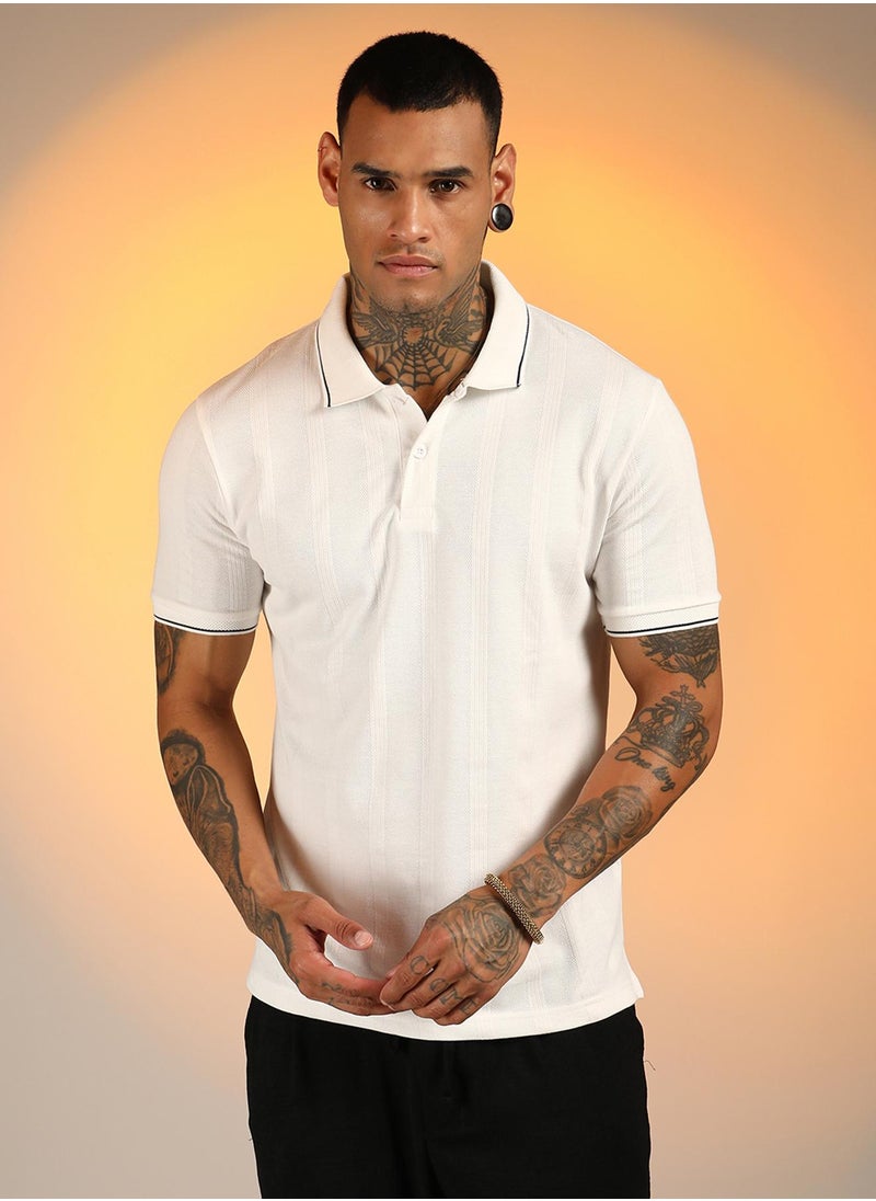 Campus Sutra Men's Chalk White Lined-Knit Polo T-Shirt  - Image 2