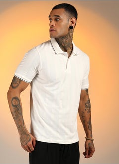 كامبوس سوترا Men's Chalk White Lined-Knit Polo T-Shirt  - Image 3
