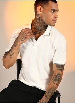 كامبوس سوترا Men's Chalk White Lined-Knit Polo T-Shirt  - Image 1