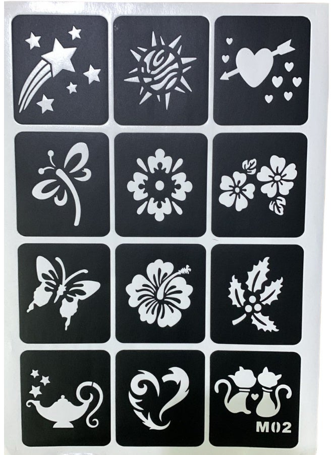 1 Sheet Fantasy & Romantic Henna Tattoo Stencils Temporary Stickers Set Shooting Star Heart Arrow Love Cats Magic Lamp Butterflies Hibiscus Floral Designs Reusable Body Art Templates Kids Girls Teens Festival Fun Temporary Tattoos.