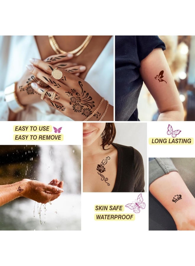 1 Sheet Fantasy & Romantic Henna Tattoo Stencils Temporary Stickers Set Shooting Star Heart Arrow Love Cats Magic Lamp Butterflies Hibiscus Floral Designs Reusable Body Art Templates Kids Girls Teens Festival Fun Temporary Tattoos. - Image 2