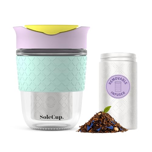 SoleCup. Travel Mug Loose Tea Infuser - Detachable Tea Strainer with Spillproof Lid - BPA-Free Reusable Glass Travel Coffee Cup with Silicone Band (Ice Cream, 12oz) - Image 1