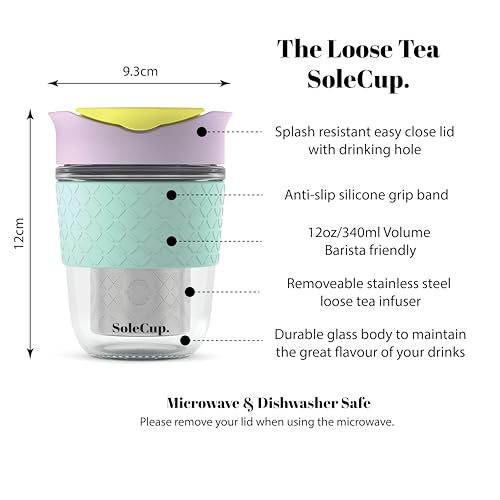 SoleCup. Travel Mug Loose Tea Infuser - Detachable Tea Strainer with Spillproof Lid - BPA-Free Reusable Glass Travel Coffee Cup with Silicone Band (Ice Cream, 12oz) - Image 2