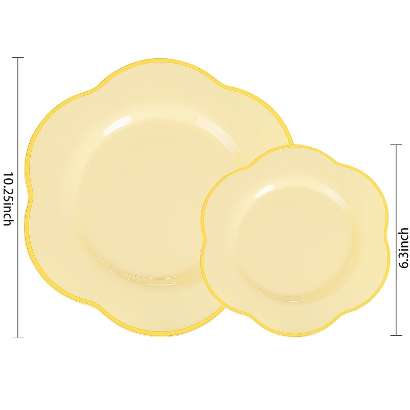 Liacere 50PCS Yellow Plastic Plates - Heavy Duty Disposable -Yellow and Gold Include 25PCS 7inch and 25PCS 10inch Plates for Mother's Day & Baby Shower - Image 1