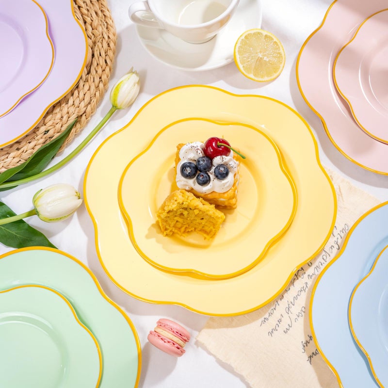 Liacere 50PCS Yellow Plastic Plates - Heavy Duty Disposable -Yellow and Gold Include 25PCS 7inch and 25PCS 10inch Plates for Mother's Day & Baby Shower - Image 2