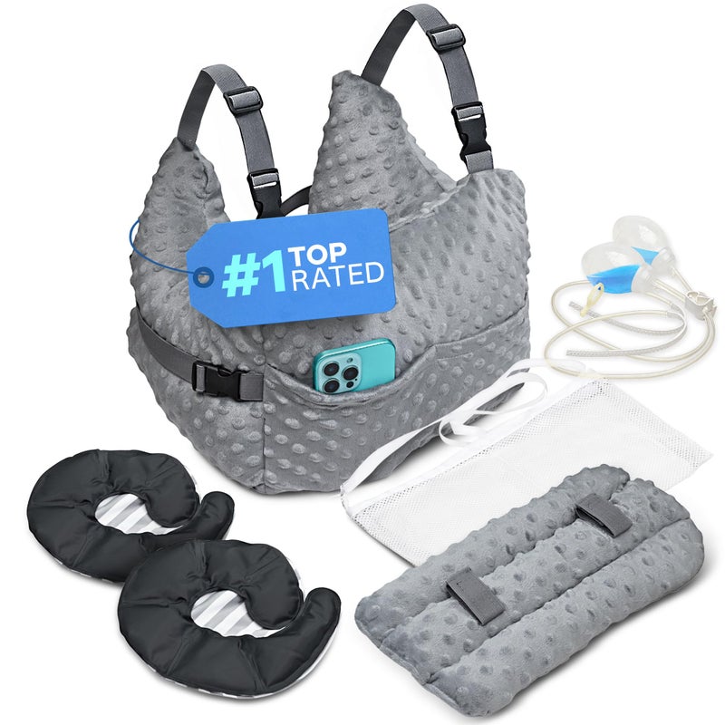 Zomaple Mastectomy Recovery Pillow with Strap, Swirly Gel Pack, Seat Belt Cover & Shower Lanyard â€“ Post-Op Essentials, Breast Augmentation/Reduction & Recovery Supplies â€“ Washable Cover for Comfort - Image 1