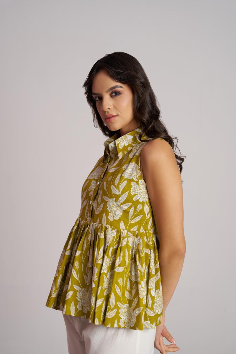 Berry&Bird BERRY BIRD Women Contrast Shirt Collar Printed Sleeveless Peplum Top - Image 4