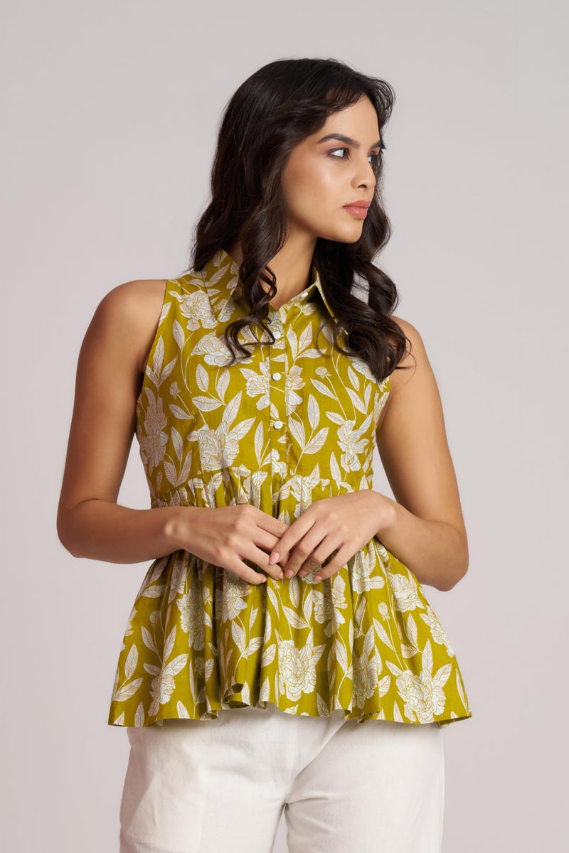 Berry&Bird BERRY BIRD Women Contrast Shirt Collar Printed Sleeveless Peplum Top - Image 2
