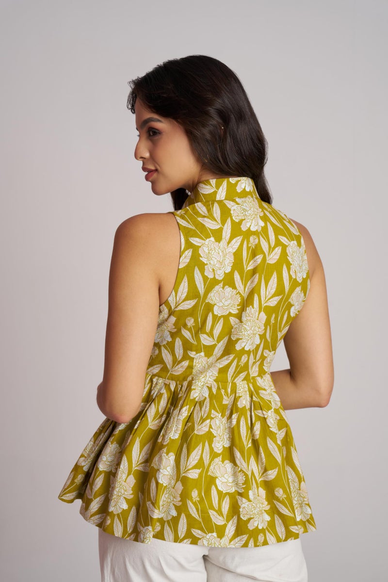 Berry&Bird BERRY BIRD Women Contrast Shirt Collar Printed Sleeveless Peplum Top - Image 3