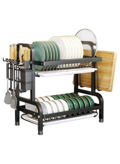 POWER 2-Tier Black Stainless Steel Cutlery Organizer - Adjustable Rustproof Kitchen Utensil Holder with Drainer - Large Capacity Dish Rack  - Image 1