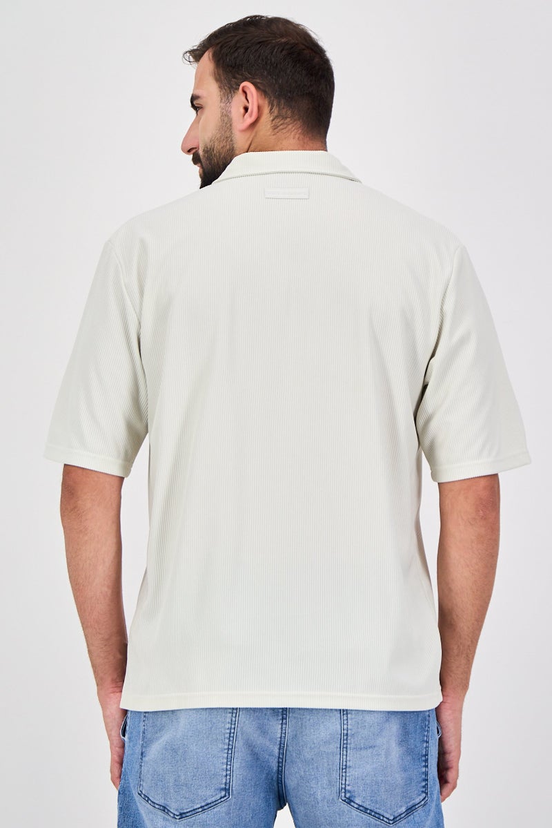 Core Elements Men Regular Fit Textured Short Sleeve Casual Shirt, Cream - Image 3