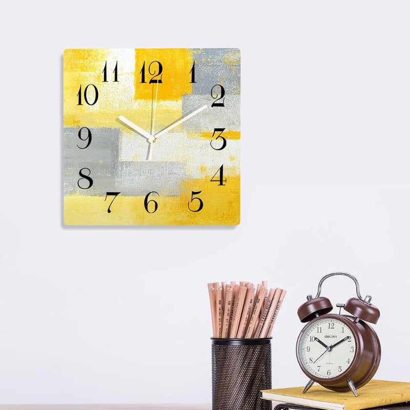 ArtSocket 12 Inch Silent Non-Ticking Wall Clock, Modern Vintage Style, Yellow Grey White Abstract Painting, Battery Operated, Analog Display - Image 4