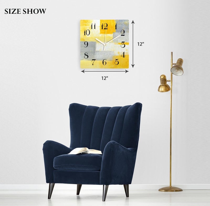 ArtSocket 12 Inch Silent Non-Ticking Wall Clock, Modern Vintage Style, Yellow Grey White Abstract Painting, Battery Operated, Analog Display - Image 5