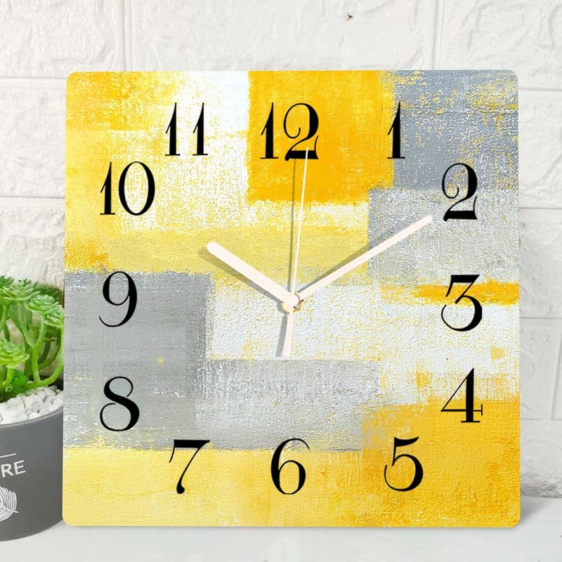 ArtSocket 12 Inch Silent Non-Ticking Wall Clock, Modern Vintage Style, Yellow Grey White Abstract Painting, Battery Operated, Analog Display - Image 1