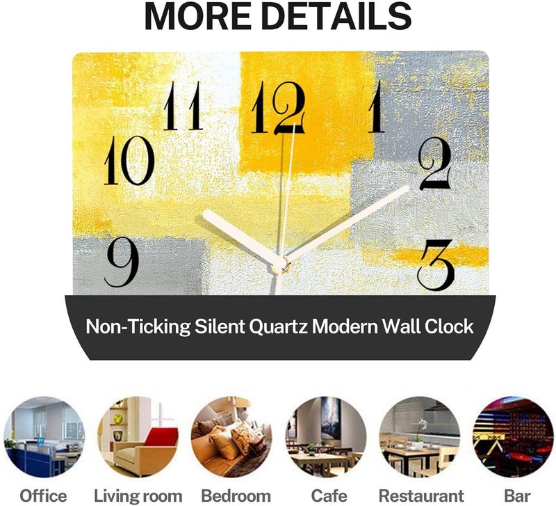 ArtSocket 12 Inch Silent Non-Ticking Wall Clock, Modern Vintage Style, Yellow Grey White Abstract Painting, Battery Operated, Analog Display - Image 3