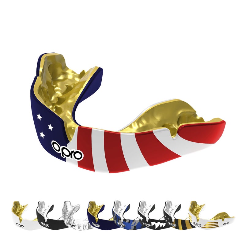 OPRO Instant CustomFit Mouth Guard DentistLevel Comfort Protection Fit Moldable Mouthguard for Football Boxing Rugby MMA BJJ UFC Mouth Piece Includes Mouth Guard Case Gold Teeth Adult