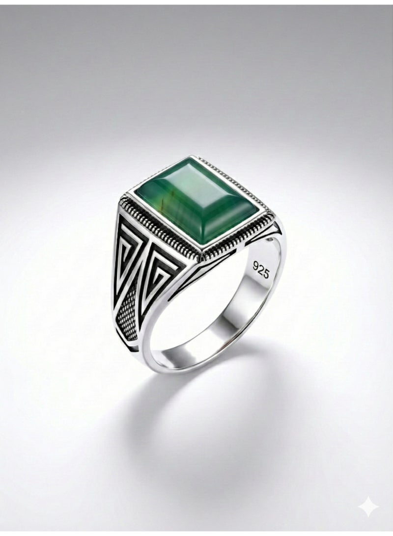 FINE SILVER 925 Sterling Silver Men's Statement Ring with Rectangular Green Agate Stone and Geometric Patterns - Image 1