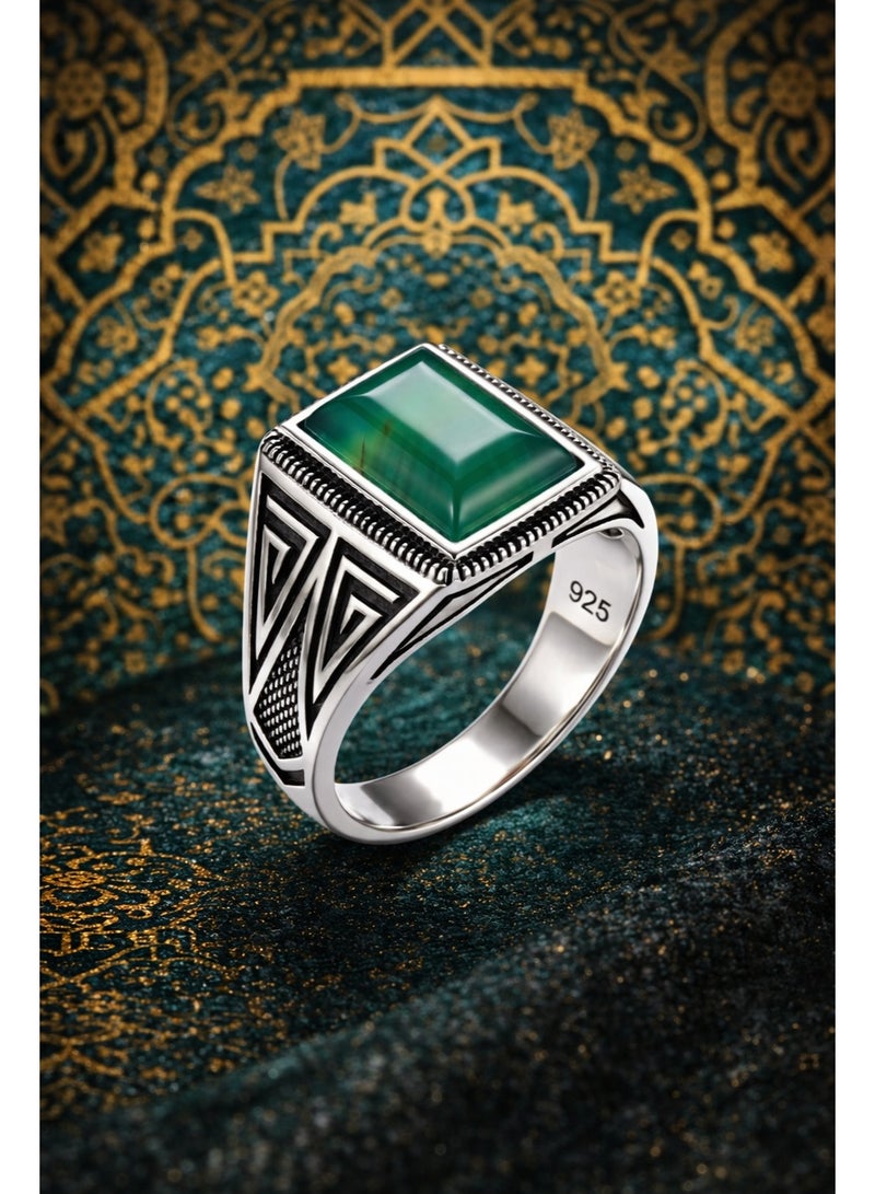 FINE SILVER 925 Sterling Silver Men's Statement Ring with Rectangular Green Agate Stone and Geometric Patterns - Image 2