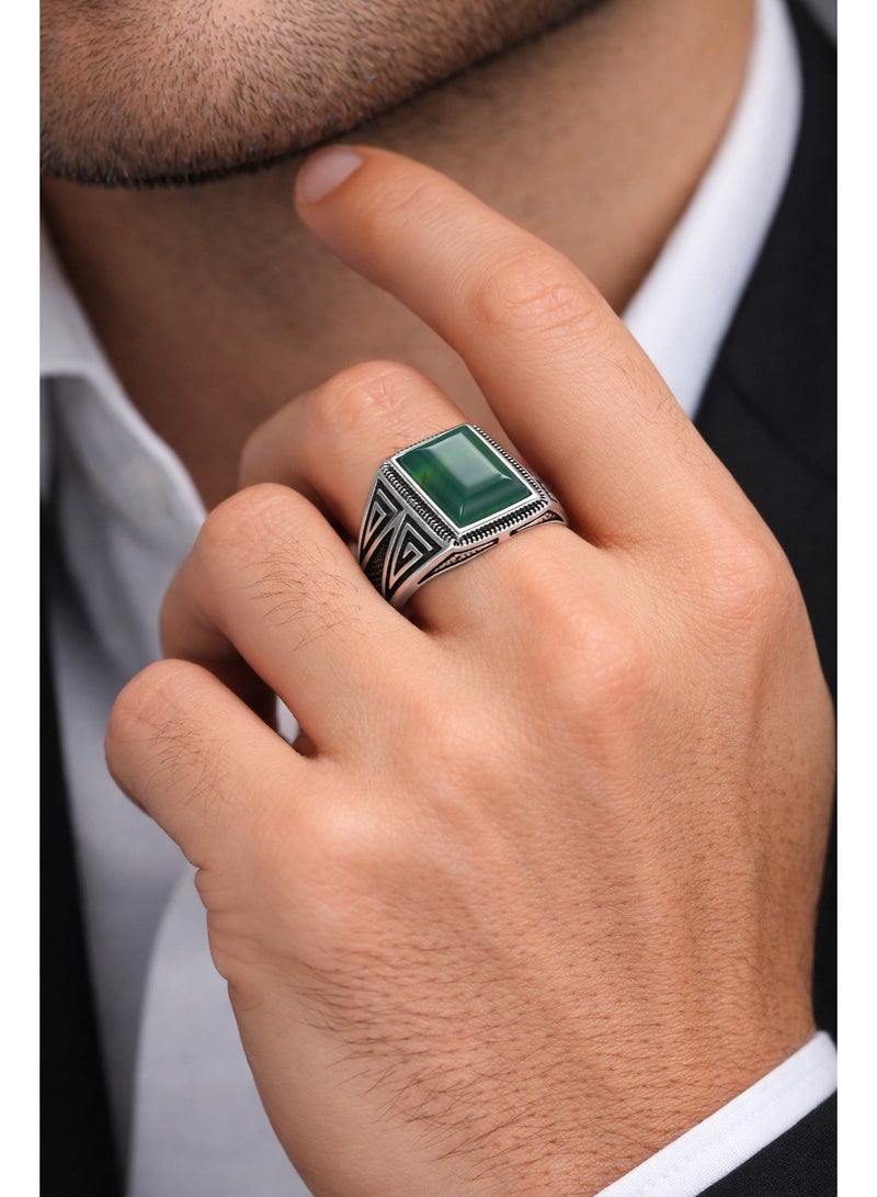 FINE SILVER 925 Sterling Silver Men's Statement Ring with Rectangular Green Agate Stone and Geometric Patterns - Image 3