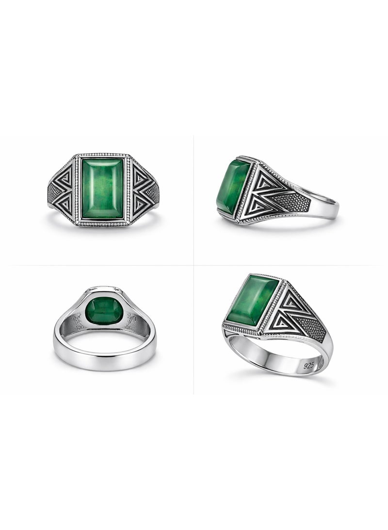 FINE SILVER 925 Sterling Silver Men's Statement Ring with Rectangular Green Agate Stone and Geometric Patterns - Image 4