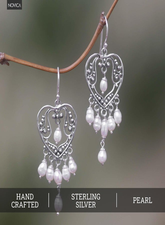 نوفيكا أقراط نوفيكا المصنوعة يدويًا من اللؤلؤ، فضة إسترليني، قلب أبيض إندونيسي، حجر بخت العروس [2.2 بوصة طول × 0.8 بوصة عرض] "سيمفونية القلب" - Image 5