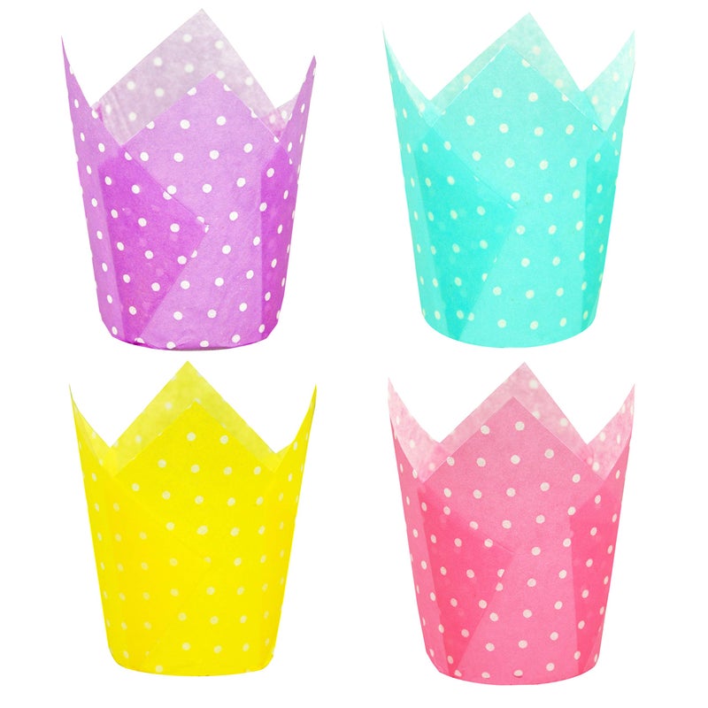 QLSmypkg Large Muffin Greaseproof paper Baking cupcake cups, 2-1/4" x 4" Blue,Yellow,Pink,Purple printed with Polka Dot(each colour about 32 pcs, total 125 pcs) Tulip Baking Cup(Large) (125, Multi) - Image 1