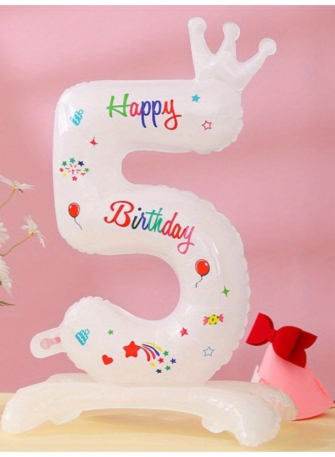 1PC 32-inch white three-dimensional crown-shaped aluminum foil digital balloons, Applications: decorations for birthday celebrations, wedding anniversaries, and party supplies. - Image 1