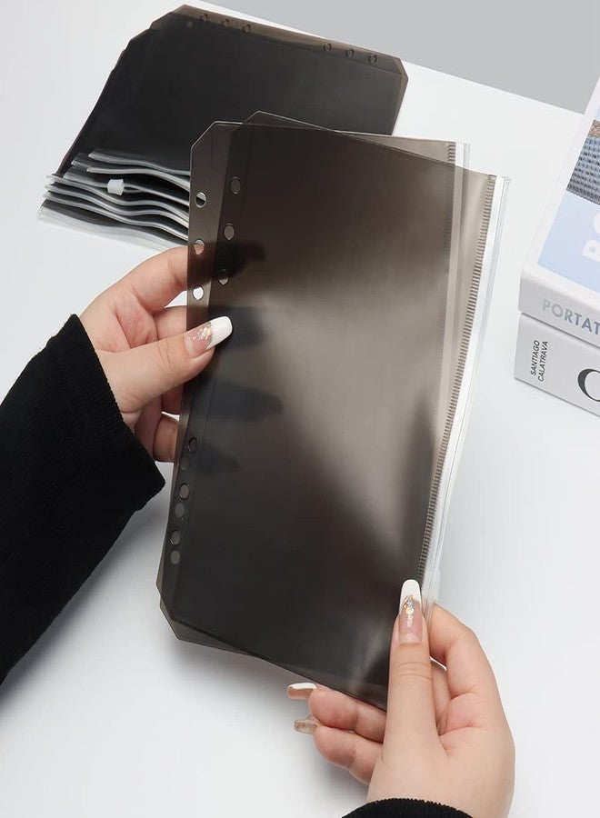 جيوب مجلدات A5 - حقائب سوداء بسحاب، مغلفات ميزانية نقدية شفافة من مادة PVC، 12 قطعة من أكياس حفظ المستندات ذات 6 فتحات لمجلدات الدفاتر، مجلد منظم للنقود - Image 3