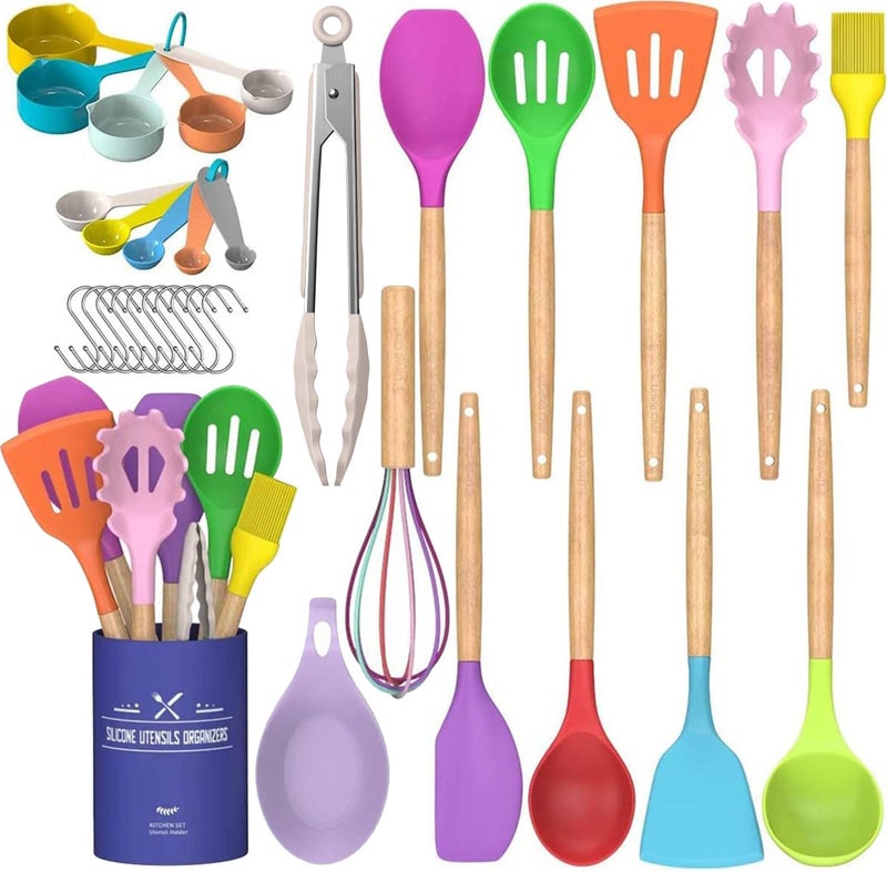Umite Chef Kitchen Cooking Utensils Set 33 pcs Nonstick Silicone Cooking Kitchen Utensils Spatula Set with Holder Wooden Handle Silicone Kitchen Gadgets Utensil Set Colorful