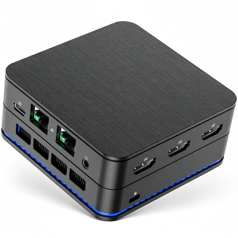 Mini PC: Compact Portable High Performance Mini Host With 2 RJ45 3 HDMI Outputs - Tool-Free SSD Replacement 7-Color Lighting for Game Office Industrial Control Black - Image 1