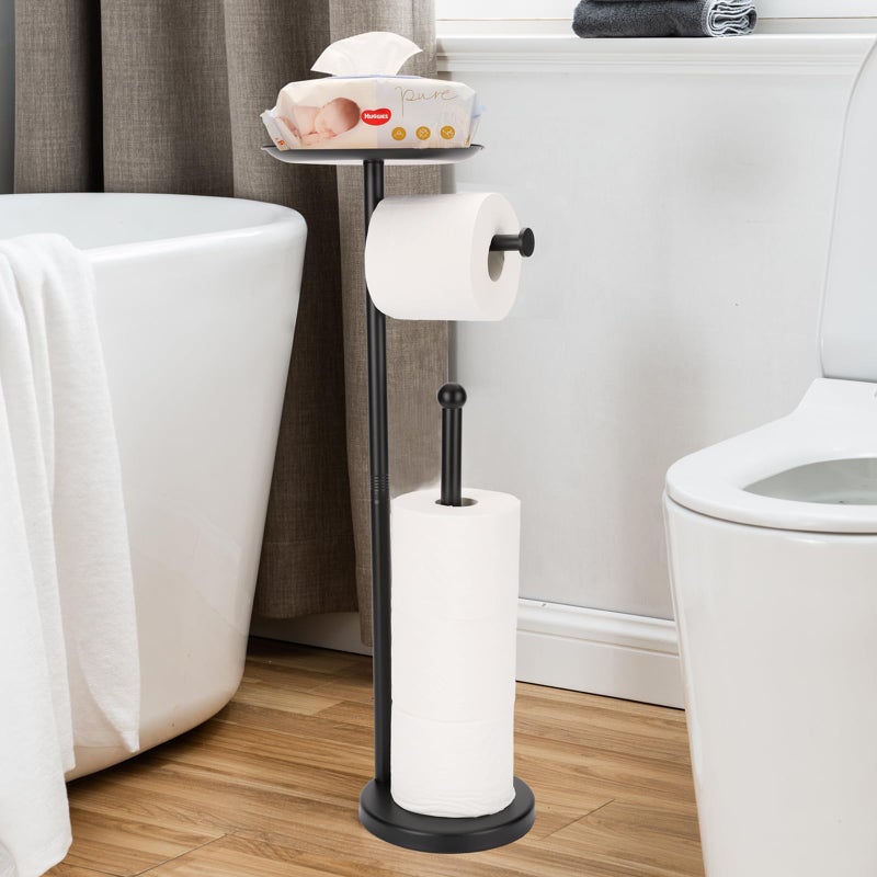 Sfemn Black Toilet Paper Holder Stand  Freestanding Toilet Paper Holder with Shelf for Small Items  Toilet Paper Stand with Storage Space for 4 Extra Toilet Paper Rolls - Image 1