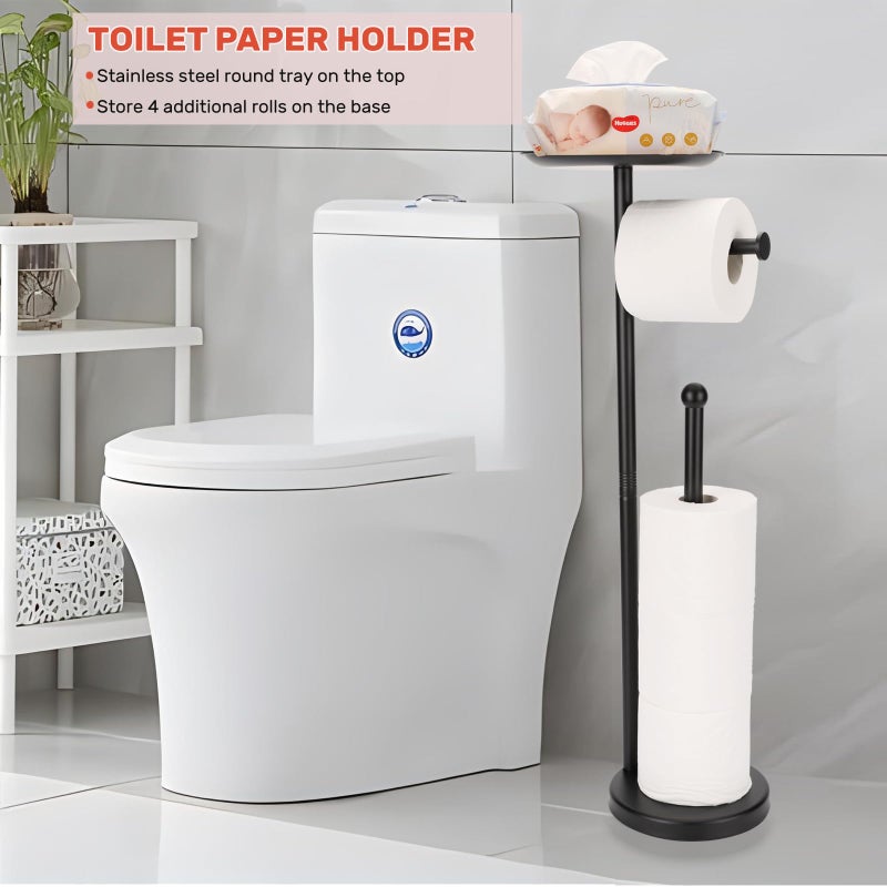 Sfemn Black Toilet Paper Holder Stand  Freestanding Toilet Paper Holder with Shelf for Small Items  Toilet Paper Stand with Storage Space for 4 Extra Toilet Paper Rolls - Image 5