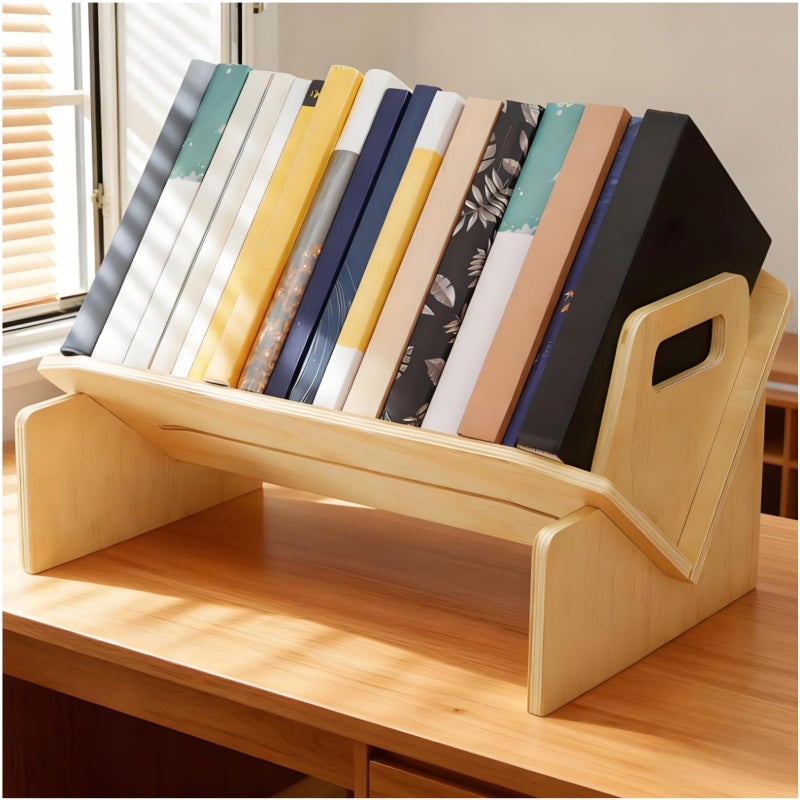 Acshio Wood Desktop Bookshelf, Tabletop Book Storage Rack Display Shelf with Handle, Tilting Office Bookcase Magazine Holder CD Rack for Office, Study Room, No Tools Required - Image 1