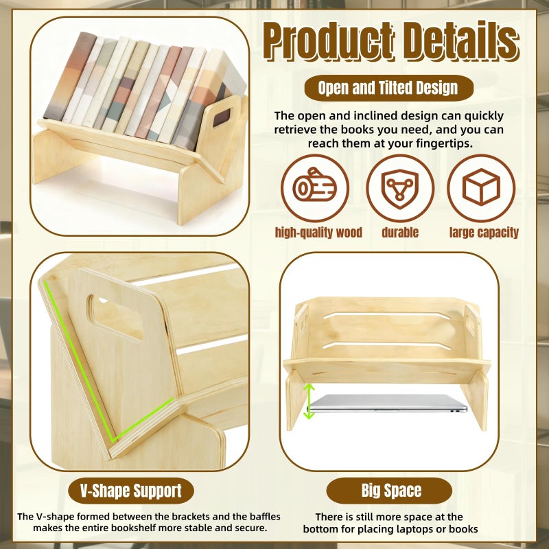 Acshio Wood Desktop Bookshelf, Tabletop Book Storage Rack Display Shelf with Handle, Tilting Office Bookcase Magazine Holder CD Rack for Office, Study Room, No Tools Required - Image 3