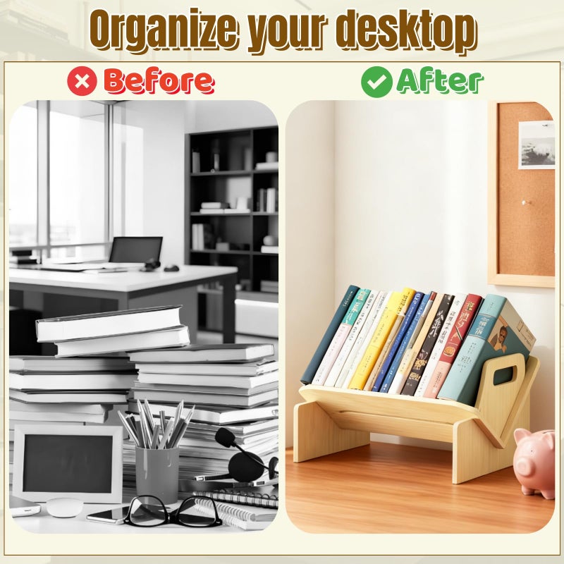 Acshio Wood Desktop Bookshelf, Tabletop Book Storage Rack Display Shelf with Handle, Tilting Office Bookcase Magazine Holder CD Rack for Office, Study Room, No Tools Required - Image 5