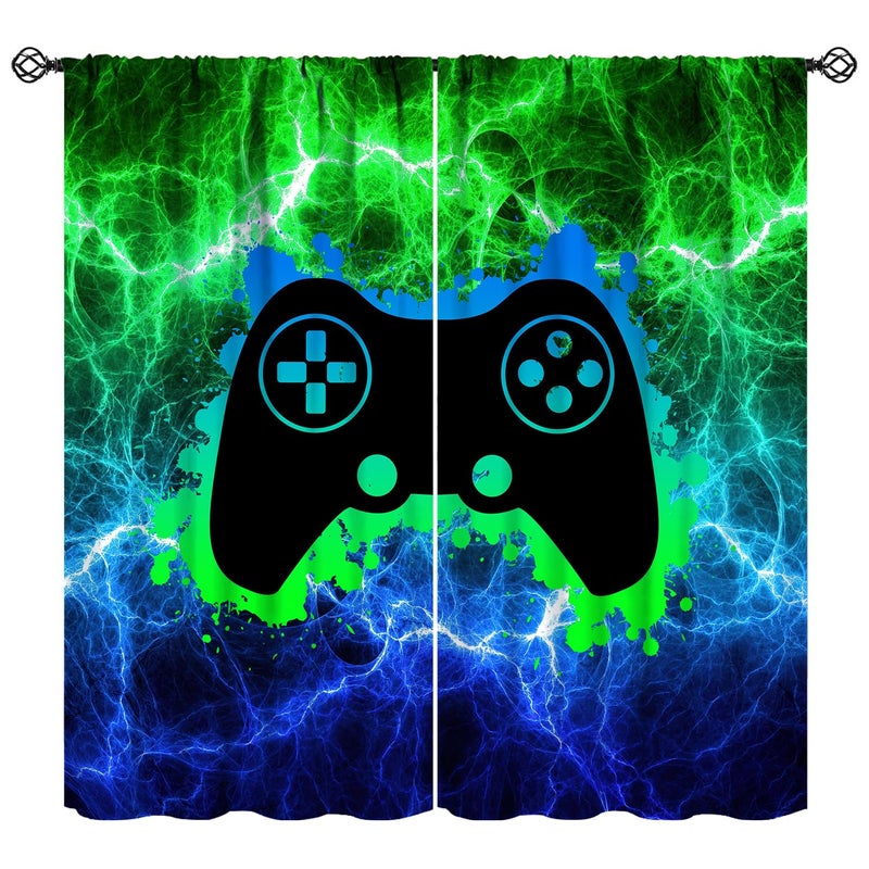 JanJCurt الستائر لعبة فيديو لعبة Window Window Window Snalpes Blue Green Video Game. - Image 1