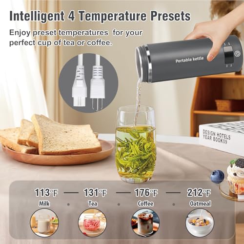 Touxila Travel Electric Kettle Portable Mini Kettle,Small Hot Water Boiler with 4 Temperature Settings,304 Stainless Steel,Fast Boiling Water with Auto Shut-Off and Boil Dry Protection,400ml (Grey, 400ml) - Image 4