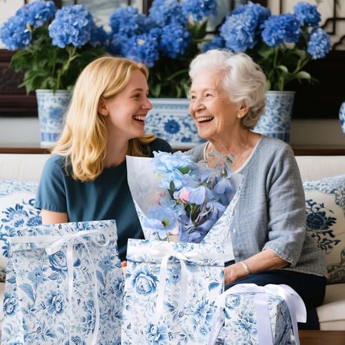 BIOBROWN Floral Wrapping Paper Roll - 17 Inch X 33 Feet (47 sq. ft. ttl.) Blue White Peony Design Chinoiserie Gift Wrap Stone Paper for Mother's Day, Wedding, Bridal Shower, Valentine's Day - Image 4