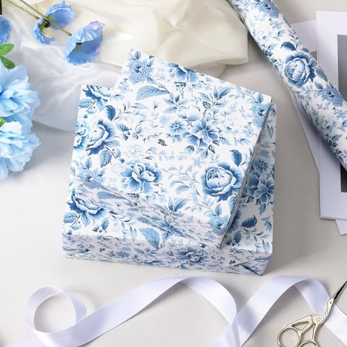 BIOBROWN Floral Wrapping Paper Roll - 17 Inch X 33 Feet (47 sq. ft. ttl.) Blue White Peony Design Chinoiserie Gift Wrap Stone Paper for Mother's Day, Wedding, Bridal Shower, Valentine's Day - Image 3