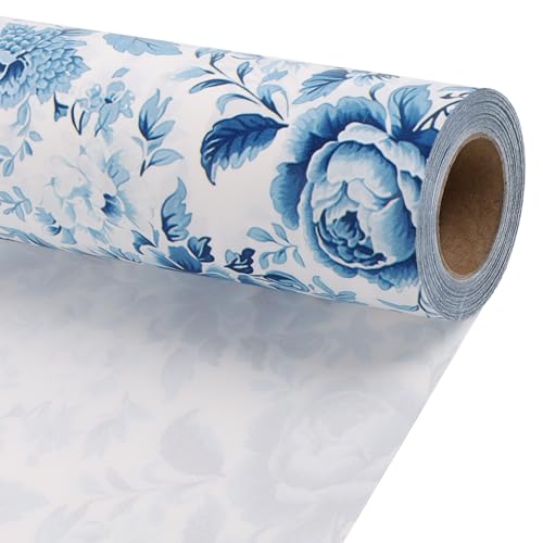 BIOBROWN Floral Wrapping Paper Roll - 17 Inch X 33 Feet (47 sq. ft. ttl.) Blue White Peony Design Chinoiserie Gift Wrap Stone Paper for Mother's Day, Wedding, Bridal Shower, Valentine's Day - Image 1