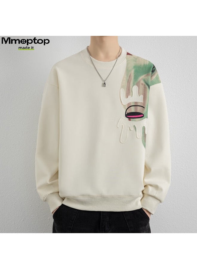Mmoptop American Style Patchwork Sweatshirt Spring Autumn Men's Breathable Soft Comfortable Designer Innerwear Mwy18 Beige M - Image 4