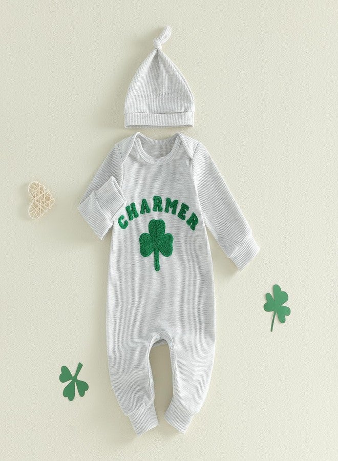 Karuedoo Newborn Baby Boy Girl St Patricks Day Outfit Charmer Clover Embroidery Waffle Long Sleeve Romper Jumpsuit with Hat (A-Gray, 3-6 Months) - Image 5