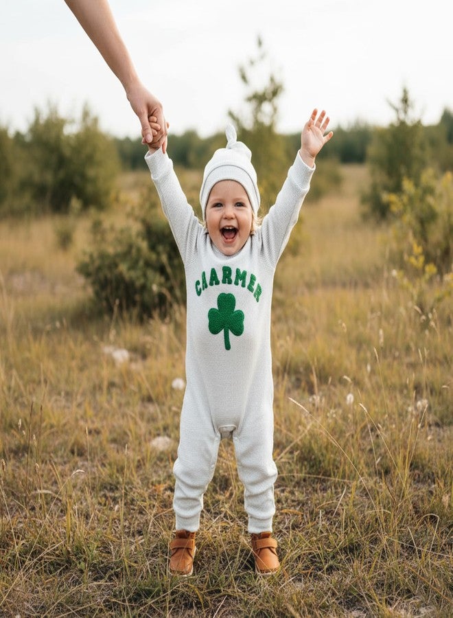 Karuedoo Newborn Baby Boy Girl St Patricks Day Outfit Charmer Clover Embroidery Waffle Long Sleeve Romper Jumpsuit with Hat (A-Gray, 3-6 Months) - Image 3